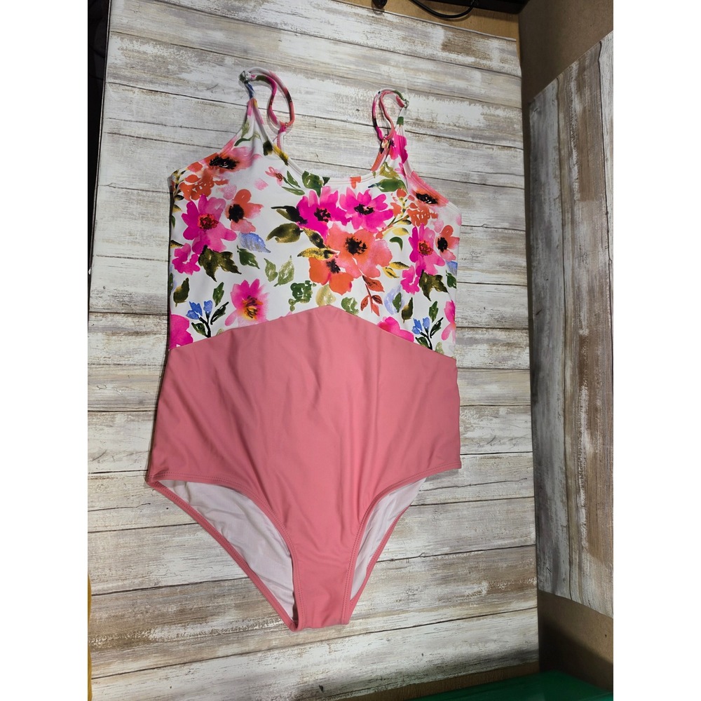 Coral Reef Swim Floral Colorblock One Piece Swimsuit Pink White Large 12-14